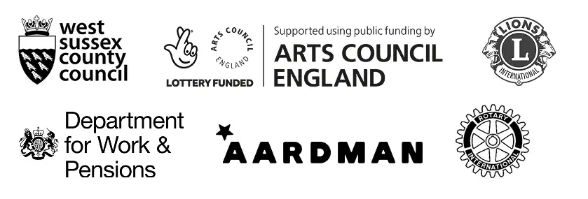Our different sponsors: Department for Work and Pensions, West Sussex County Council, Aardman Studios, Arts Council, Bognor Rotary Club and more.